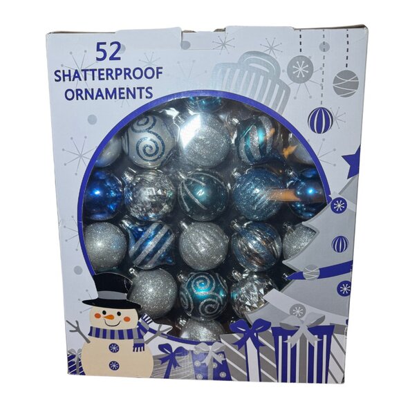 Shatterproof Blue Silver Holiday Ornaments Box of 52 NEW - Picture 1 of 5
